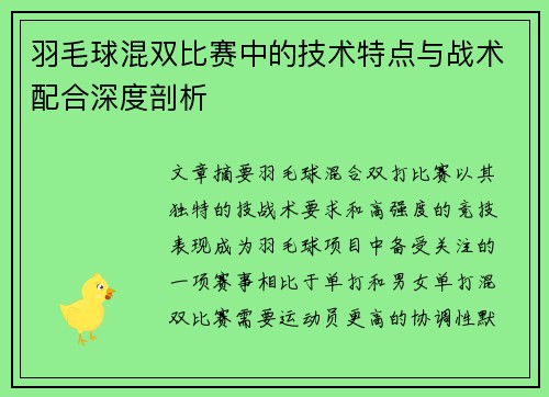 羽毛球混双比赛中的技术特点与战术配合深度剖析