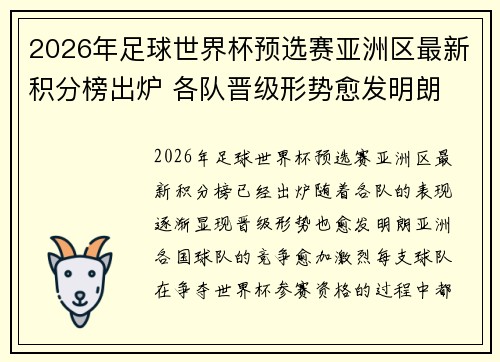 2026年足球世界杯预选赛亚洲区最新积分榜出炉 各队晋级形势愈发明朗 2026年足球世界杯预选赛亚洲区最新积分榜出炉 各队晋级形势愈发明朗