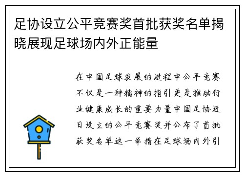 足协设立公平竞赛奖首批获奖名单揭晓展现足球场内外正能量