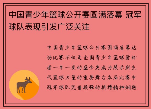 中国青少年篮球公开赛圆满落幕 冠军球队表现引发广泛关注 中国青少年篮球公开赛圆满落幕 冠军球队表现引发广泛关注