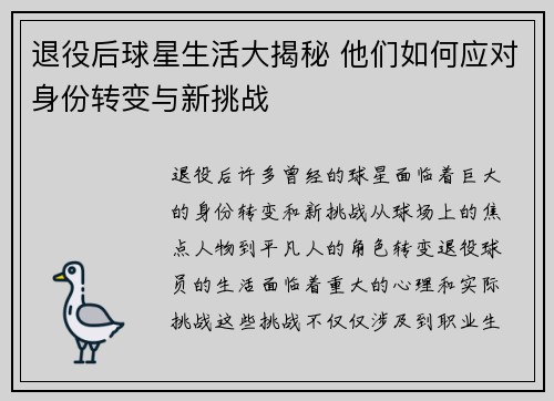 退役后球星生活大揭秘 他们如何应对身份转变与新挑战